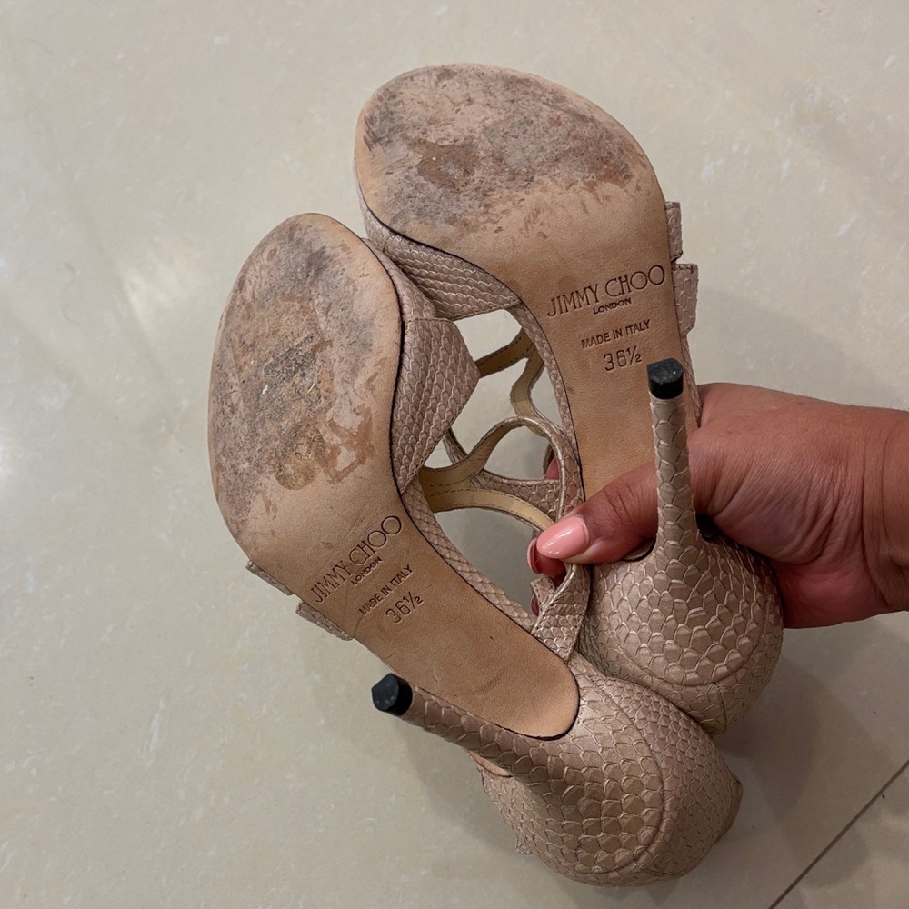 Jimmy Choo Beige Textured Strappy Heels - Picture 3 of 4